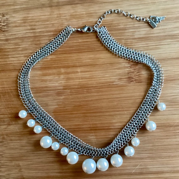 Geometric Mesh Collar Necklace With Pearls Designer Statement Jewelry Silvertone - Picture 3 of 14